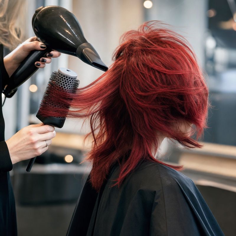a stylist's hands blow-drying a shoulder-length vivid cherry-red shag in motion, photographed from the side with dryer and round brush clearly visible; final styling in progress, no blonde and no copper balayage