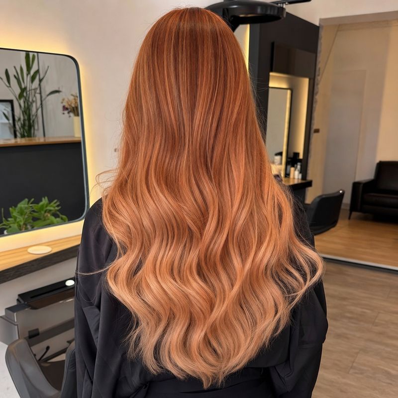 finished waist-length loose waves photographed straight from behind; one continuous copper-to-strawberry-blonde balayage, no dark brown or platinum hair
