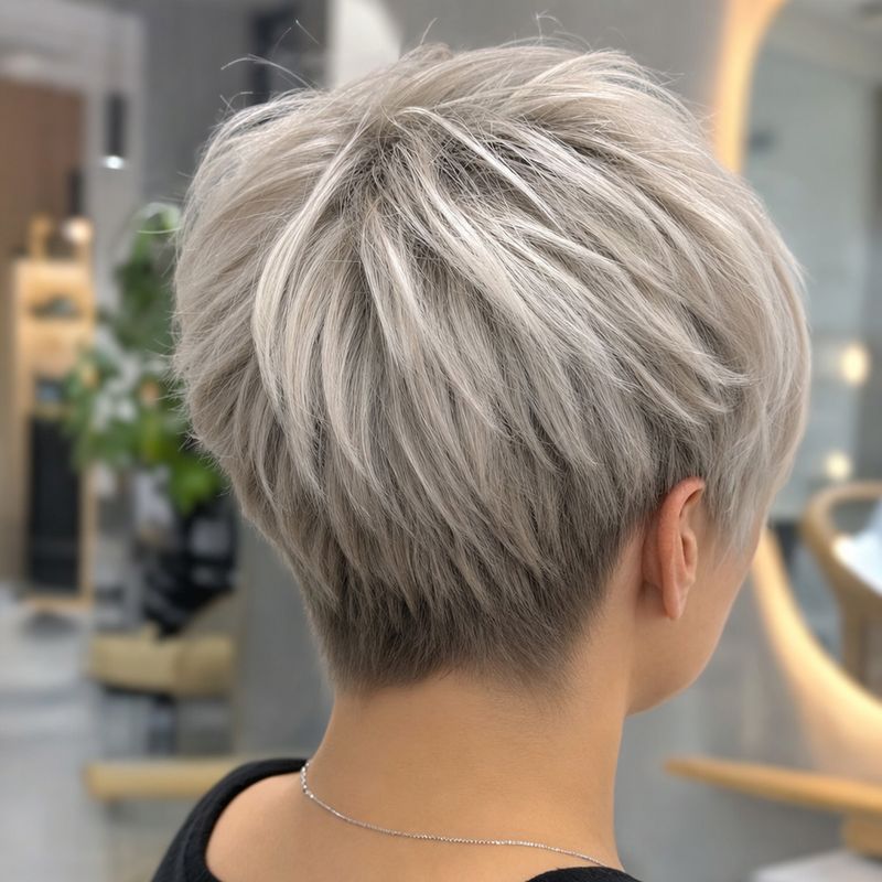 a finished textured pixie cut in cool platinum blonde with fine ash lowlights, photographed from a high rear three-quarter angle; no long hair and no copper